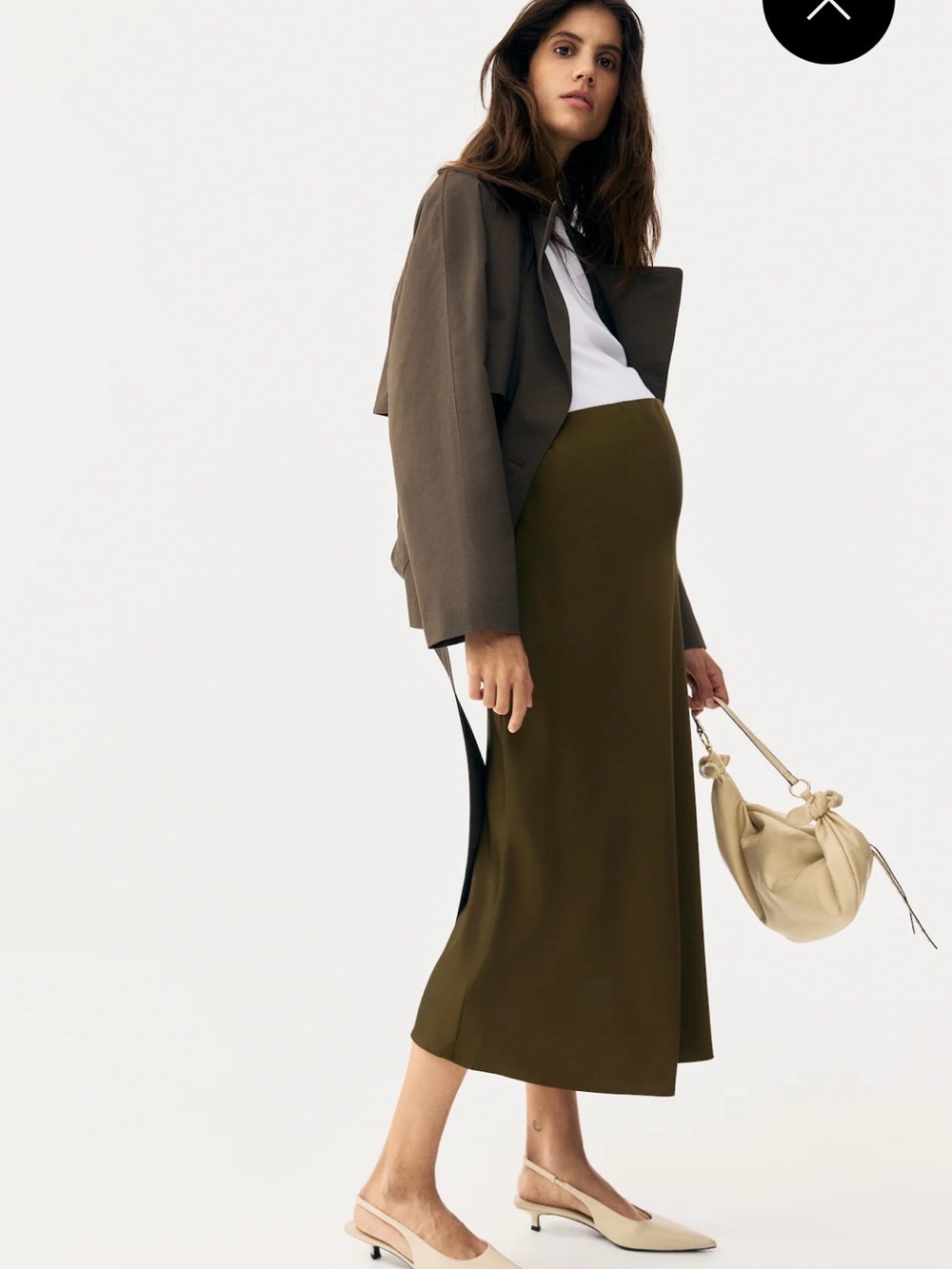 H&M Mama dark khaki green maternity satin Midi Skirt size small